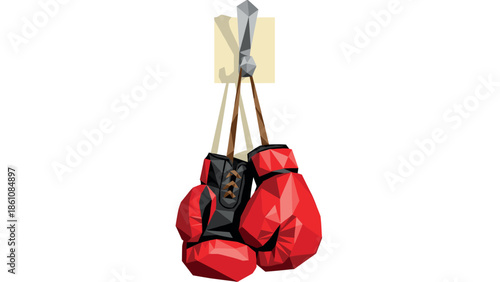 Low poly boxing gloves hanging on wall hook with geometric design