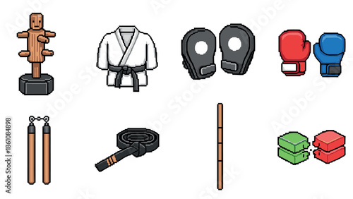 Pixel art martial arts gear collection: gloves, robe, training dummy, and packing cubes