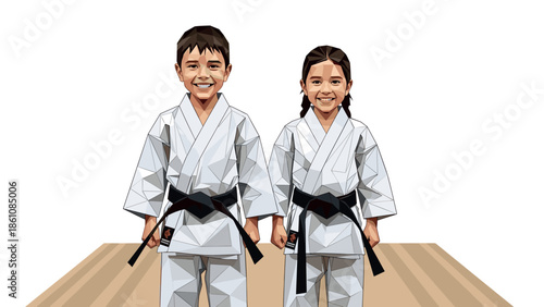 Smiling kids in martial arts uniforms on wooden floor background
