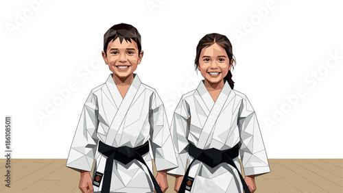 Smiling kids in karate uniforms ready for martial arts training