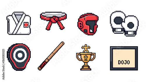 Pixel art martial arts icons: karate, boxing, trophy, dojo collection