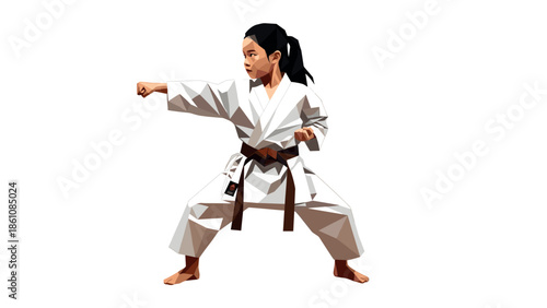 Low poly martial artist in karate gi performing punch pose in action