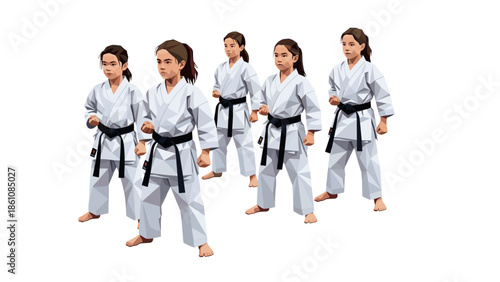 Youth martial arts group practice in low poly style