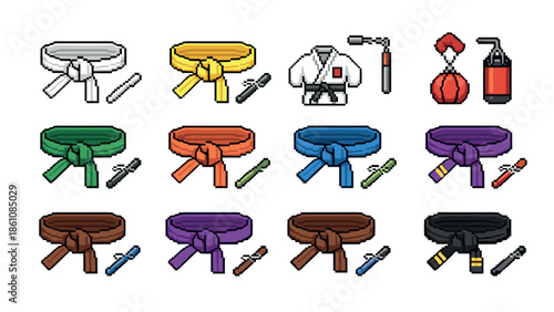 Pixel art martial arts belts collection with accessories