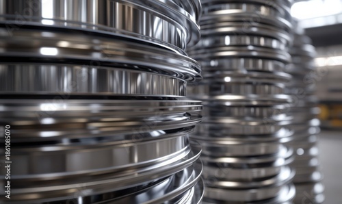 Stainless steel coils neatly stacked in an industrial warehouse, sharp metallic reflections, cool neutral tones, modern manufacturing vibe, clean and precise style,