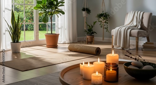 Serene living room with candles and plants.