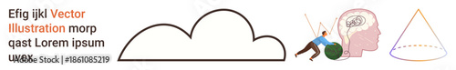 Creativity, thought processes, innovation, abstract science, geometry, design concepts. Minimalist illustration with cloud, brain concept and geometric shapes. Creativity and abstract science