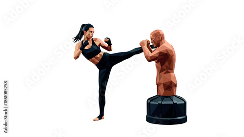 Polygonal female martial artist kicking training dummy in dynamic pose