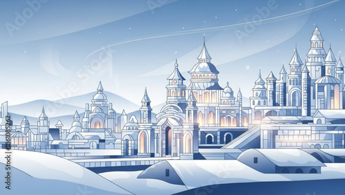 Fantasy castle city in snowy mountain landscape with blue sky and white clouds, medieval architecture, illustration