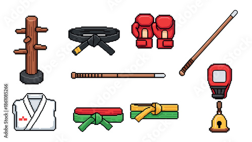 Pixel art martial arts equipment collection for retro game design