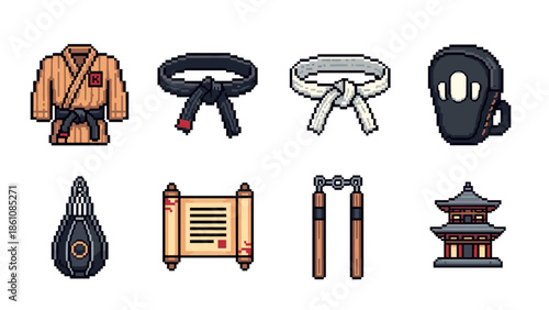 Pixel art martial arts icons: karate gear, black belt, nunchucks, dojo