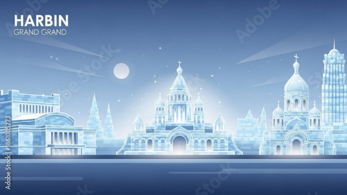 Harbin cityscape skyline with grand buildings and moonlit night scene, illustration of architectural beauty and serene atmosphere
