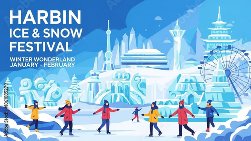 People ice skating at harbin ice and snow festival winter wonderland scene with snowy landscape and frozen structures