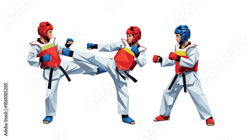 Low poly taekwondo fighters in action with protective gear