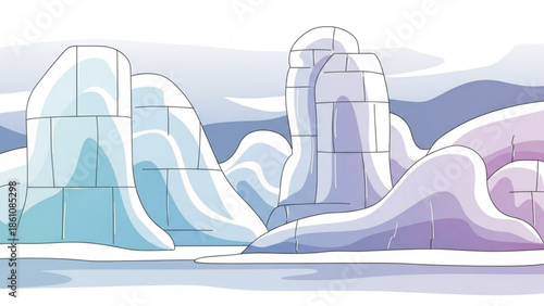 Iceberg landscape with floating icebergs in pastel shades, cold arctic scene, icy waters, vector illustration