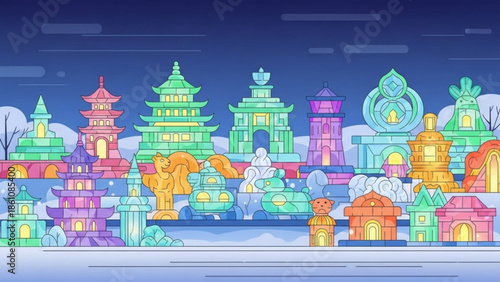 Vibrant fantasy cityscape with diverse colorful buildings and statues at night, illustration