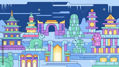 Fantasy cityscape with pastel colored buildings and mystical creatures in winter night scene