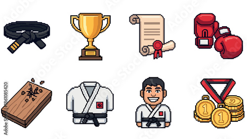 Martial arts pixel art icons featuring belt, trophy, certificate, and gloves