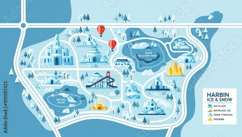 Winter wonderland map illustration with ice rink, castle, and hot air balloons in harbin ice and snow festival