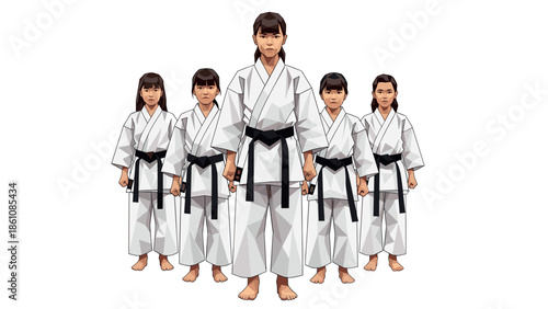 Martial arts kids: geometric design of young karate practitioners in white uniforms