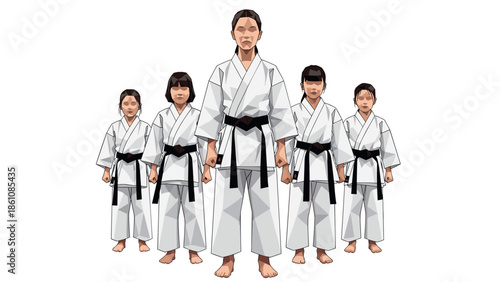Karate team in white uniforms and black belts standing together front view