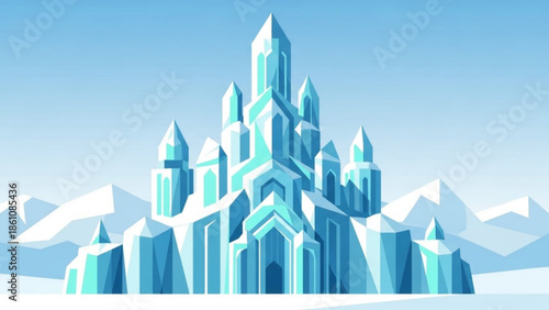 Fantasy ice castle illustration with snowy mountains and blue sky background, vector graphic design element