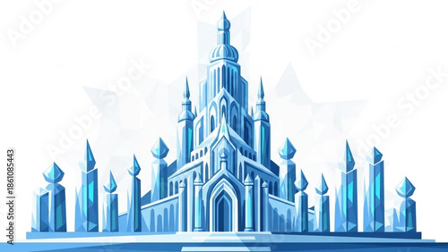 Blue ice palace castle with towers and spires on white background, fantasy architecture illustration