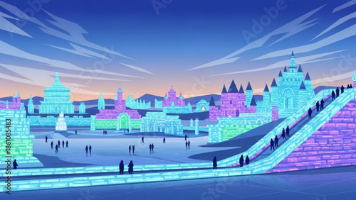 Fantasy ice sculpture city with castle and people at dusk with pastel colored buildings and stairs