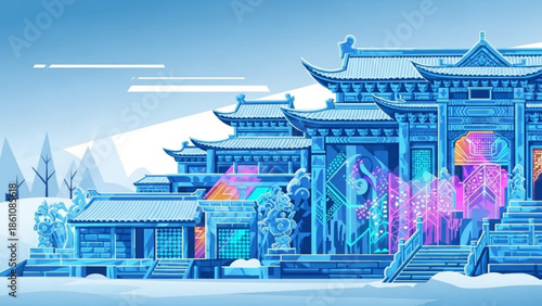 Futuristic neon temple with snow covered grounds and vibrant pink plants in a digital art style, asian architecture, fantasy landscape