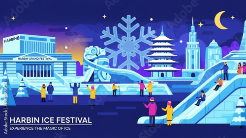 Vibrant winter night scene with people enjoying ice festival attractions and snowy landscape under stars and moon