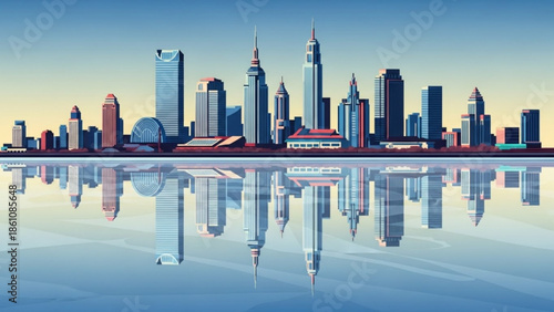 Modern city skyline with skyscrapers and buildings reflected in calm water surface, urban landscape illustration