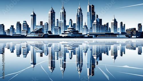 Modern city skyline with skyscrapers and perfect reflection on calm water surface, urban landscape illustration