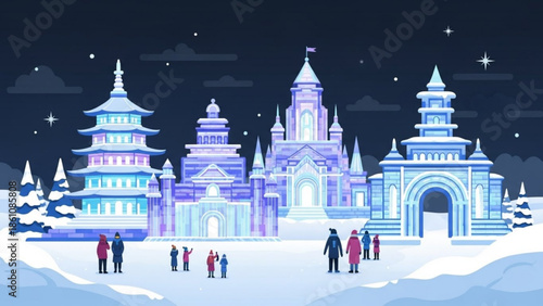 Group of people visiting fantasy castle with pagoda at night in winter, snow, stars, people walking, illustration