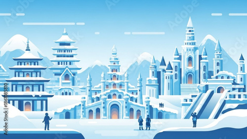 Fantasy winter landscape with snow covered castle and people walking in front of it, illustration