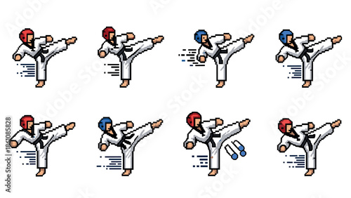 Pixel art taekwondo fighters in dynamic high kick action