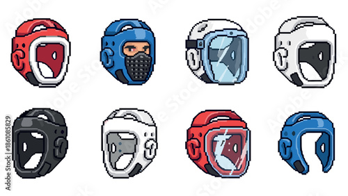 Pixel art boxing helmets collection: retro style sports headgear designs
