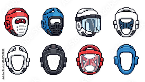 Pixel art martial arts helmets collection in red, blue, and white variations