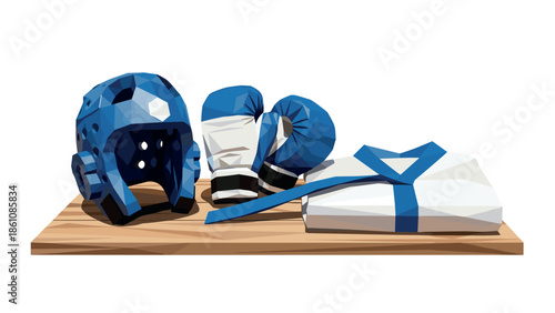 Low poly martial arts equipment with helmet, gloves, and uniform on wooden surface