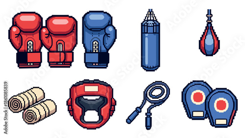 Retro boxing equipment set in pixel art style featuring gloves, speed bag, headgear, and more
