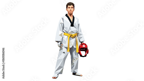 Geometric taekwondo martial artist in uniform holding helmet