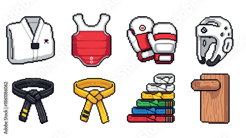 Pixel art martial arts gear: uniforms, belts, and protective equipment