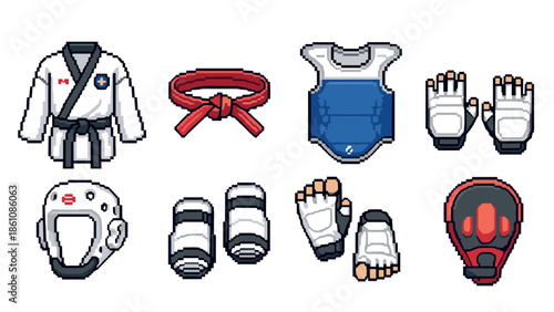 Pixel art taekwondo gear set with red belt and protective equipment