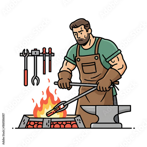 blacksmith forging iron pieces with hot coals.isolated on white background.