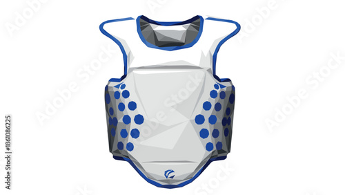 Low poly style sports chest protector with blue accents on white background