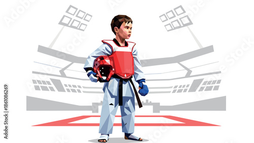 Young martial artist in taekwondo gear at championship arena