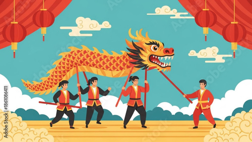 Traditional chinese dragon dance performance with four dancers holding a golden dragon under red lanterns on a wooden stage