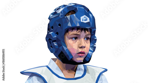 Low poly art of young martial artist in blue headgear