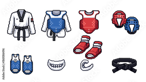 Pixel art martial arts gear set with protective equipment and accessories