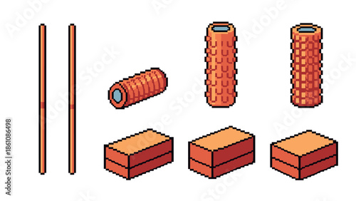 Pixel art gym equipment: foam rollers and yoga blocks in retro style
