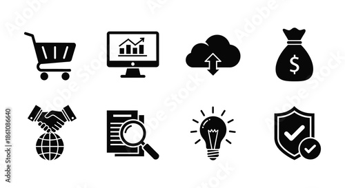 A collection of business and technology icons displayed in a stark black silhouette